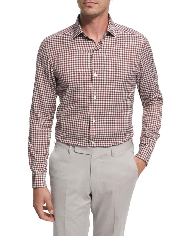 Check Cotton Shirt, Burgundy/ivory/gray