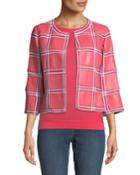Grid-pattern 3/4-sleeve Snap-front