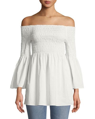 Smocked Off-the-shoulder Poplin Blouse