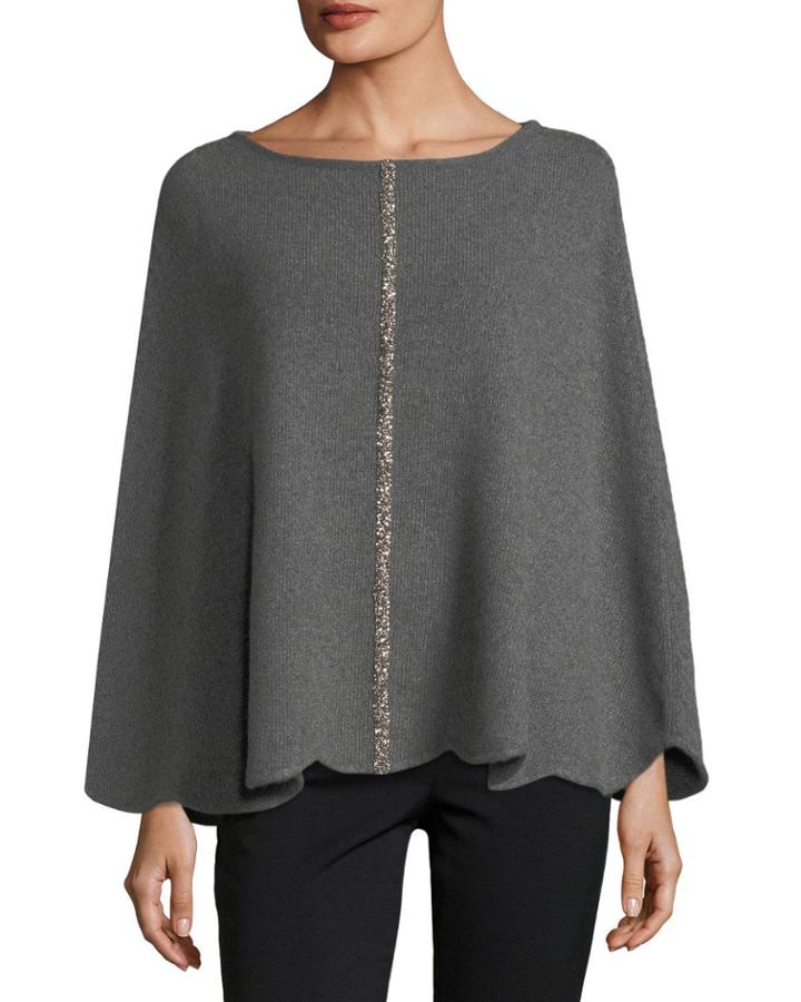 Pave Stripe Cashmere Poncho, Gray