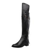 Della Knee-high Fringed Leather Boots, Black