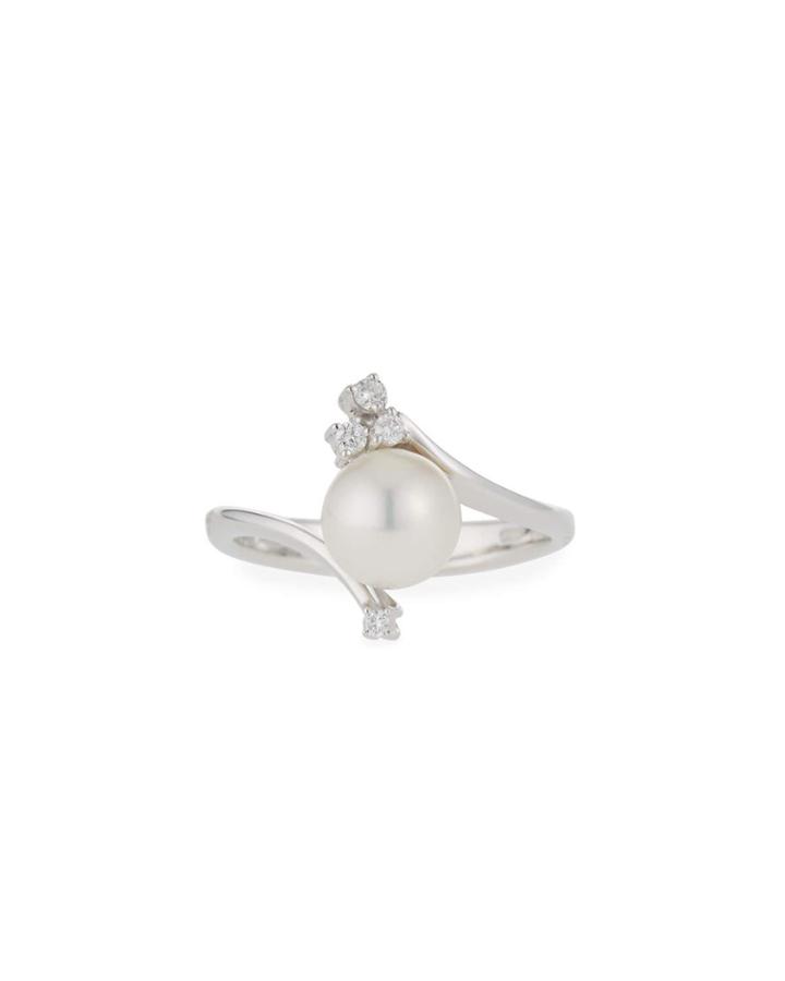 18k White Gold Coiled Diamond & Pearl Ring,