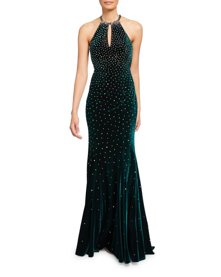 Embellished Velvet Keyhole Halter Gown