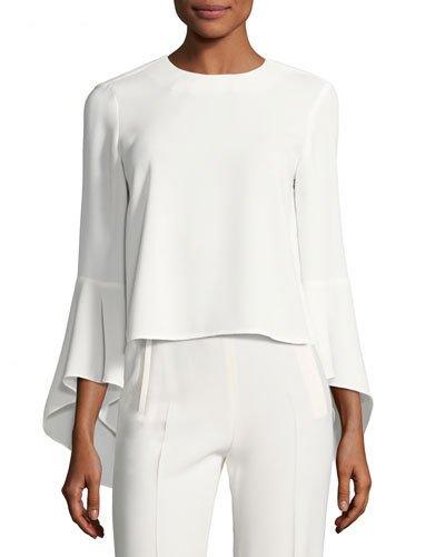 Bell-sleeve Button-back Blouse, White