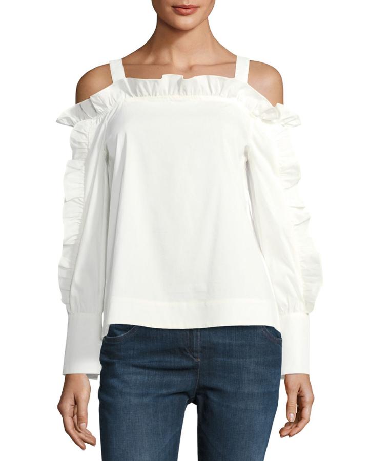 Cold-shoulder Ruffled Blouse, White