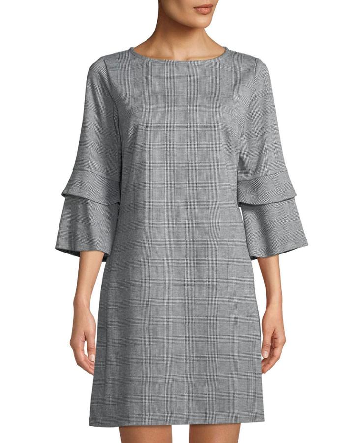 High-neck Ruffle-sleeve Plaid