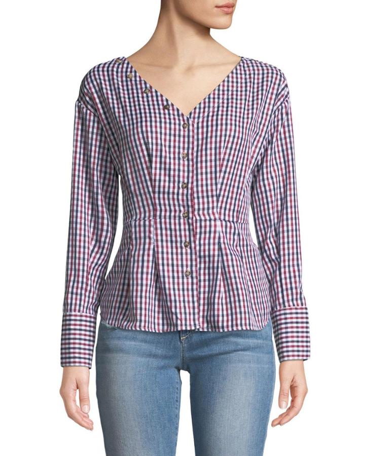Button-down Gingham Peplum Blouse