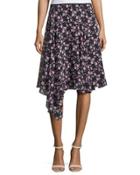 Asymmetric Floral Silk Skirt, Black/multicolor
