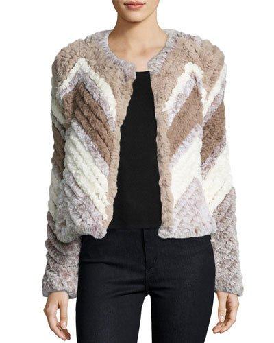 Chevron-stripe Faux-fur Jacket, Multi Beige/tan