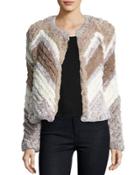 Chevron-stripe Faux-fur Jacket, Multi Beige/tan