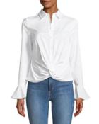 Twist-bottom Button-front Blouse W/ Pearly Beads
