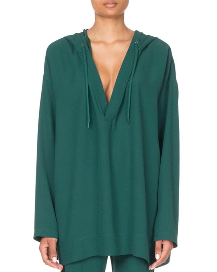 Long-sleeve Satin-hooded Crepe Blouse