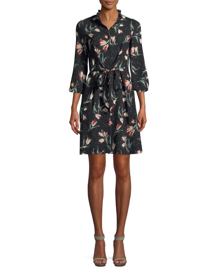 Long-sleeve Button-front Tie-waist Floral-print Dress
