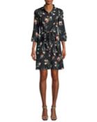 Long-sleeve Button-front Tie-waist Floral-print Dress