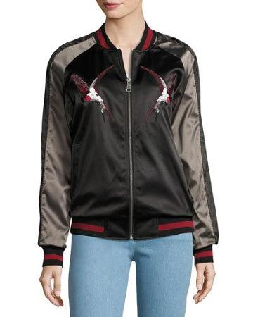 Embroidered Satin Bomber Jacket, Black/gray