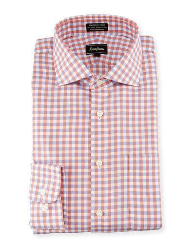 Classic-fit Non-iron Check Dress Shirt, Coral/blue