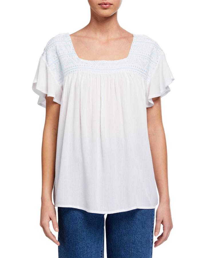 Square-neck Embroidered Ruffle-sleeve Top
