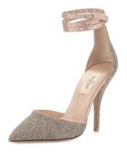 Glitter Pointed-toe Ankle-wrap Pump, Gold