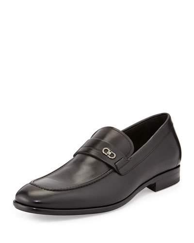 Calfskin Loafer With Double Gancini Side Ornament, Black