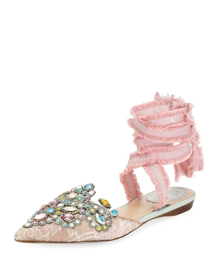 Embroidered Flat With Fringed Ribbon Tie