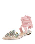 Embroidered Flat With Fringed Ribbon Tie
