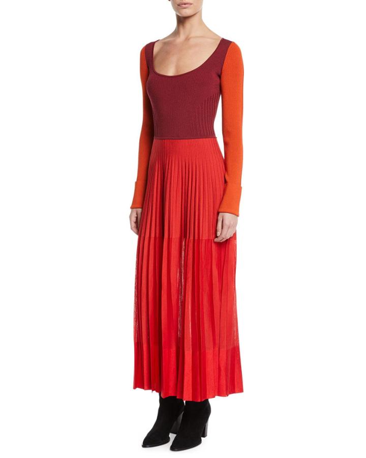 Scoop-neck Long-sleeve Knit-bodice Pleated