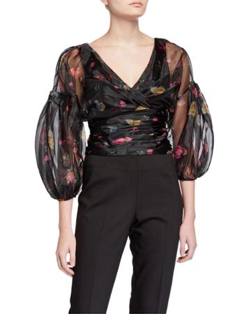 Jackson Rosebud Printed Puff-sleeve Cropped Organza Top