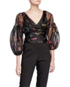 Jackson Rosebud Printed Puff-sleeve Cropped Organza Top