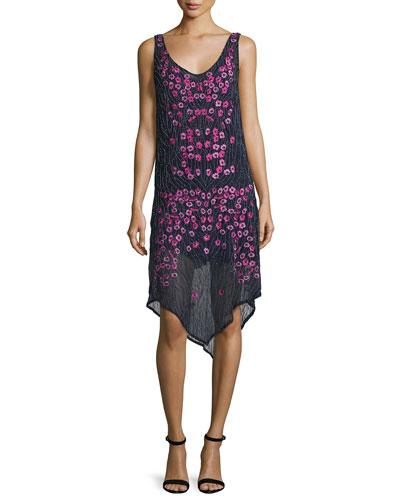 Floral Threadwork Embellished Silk Dress,