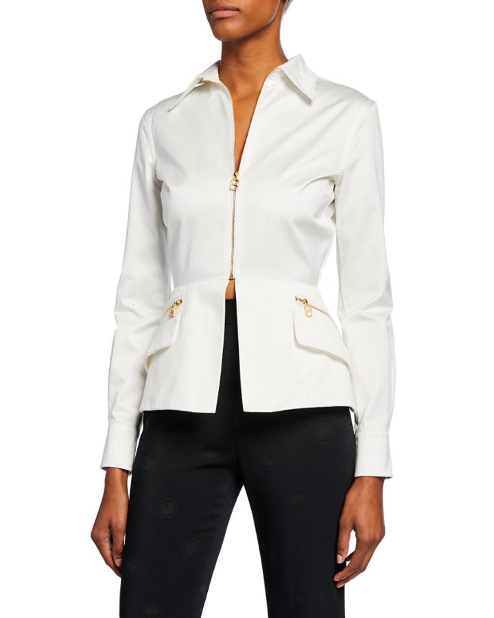 Sateen Zip-front Peplum Blouse