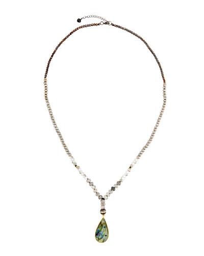 Long Beaded Labradorite Teardrop Pendant Necklace, Gray