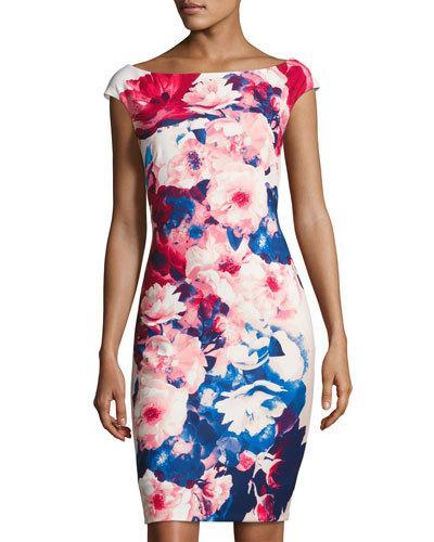 Boat-neck Floral-print Sheath Dress, Red Pattern