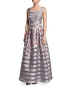 Cap-sleeve Striped Floral Ball Gown