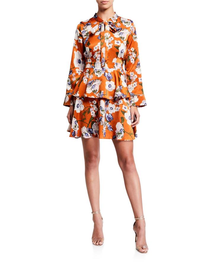 Floral Tie-neck Long-sleeve Ruffle Peplum Dress