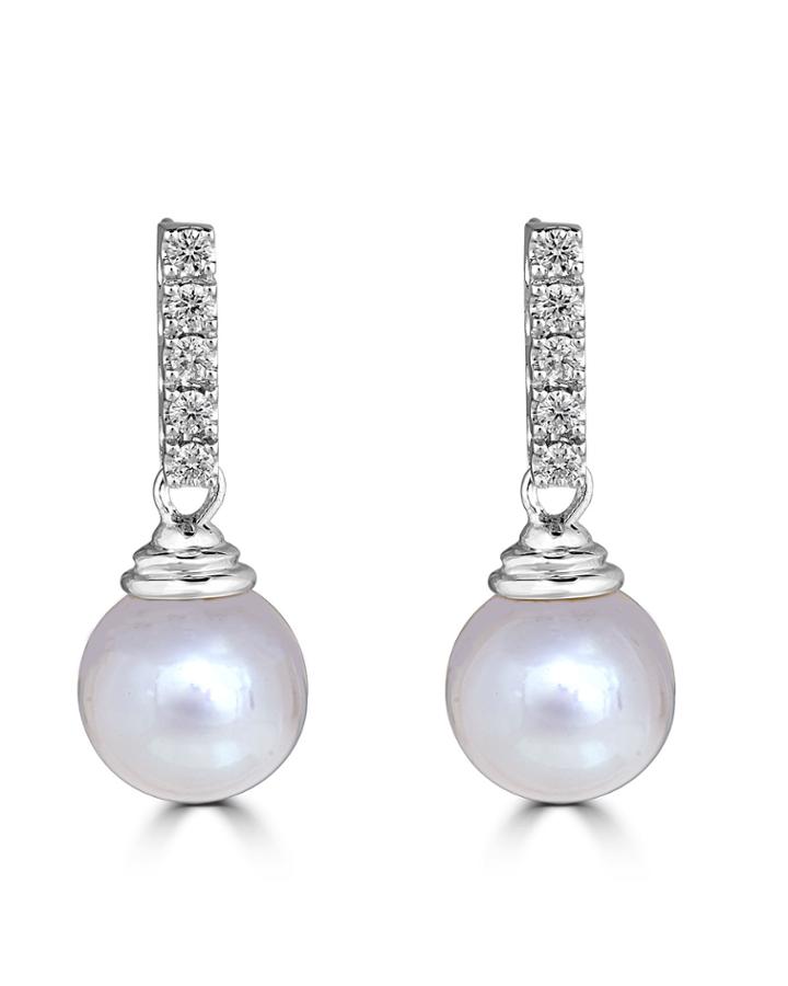 14k White Gold Diamond Post & Pearl Drop Earrings