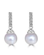 14k White Gold Diamond Post & Pearl Drop Earrings