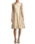 Sleeveless Brocade Fit-&-flare Cocktail Dress, Gold