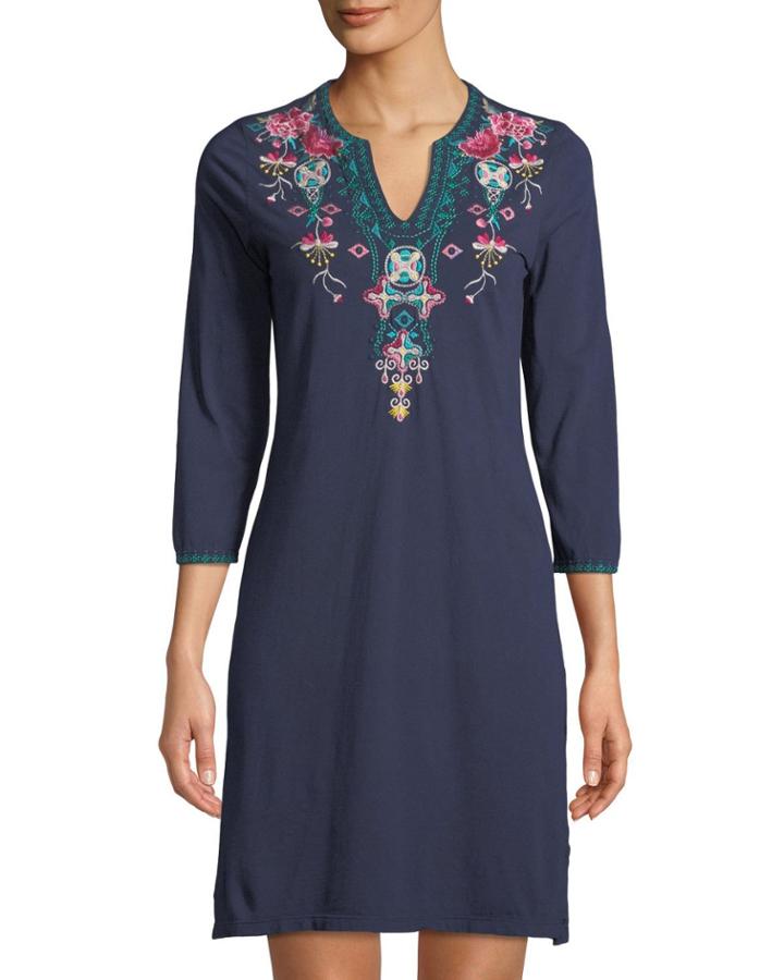 Floral Embroidery 3/4-sleeve Cotton Tunic Dress