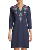 Floral Embroidery 3/4-sleeve Cotton Tunic Dress