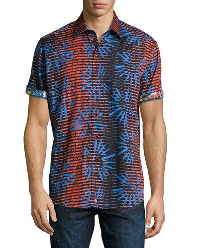 Firework-printed Short-sleeve Shirt, Blue/red