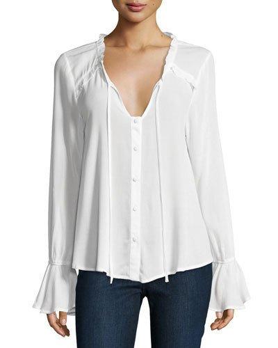 Ruffled-trim Crepe Poet Blouse, Ivory