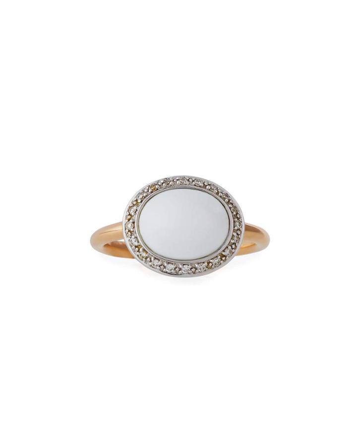 18k White Agate Oval & Diamond Ring,