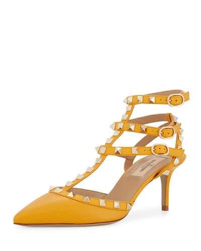 Rockstud Leather Caged Pump, Orange