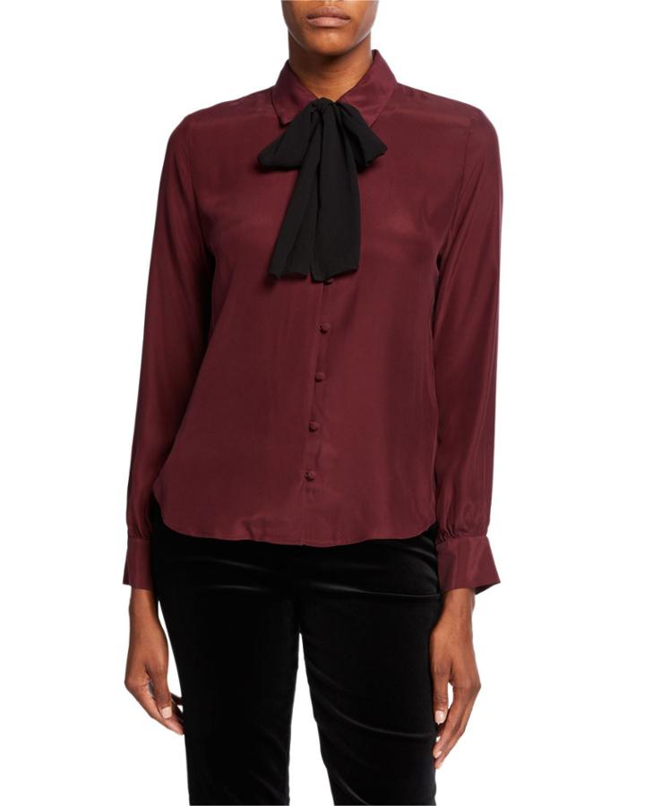 Long-sleeve Silk Button-front Blouse W/ Neck Tie