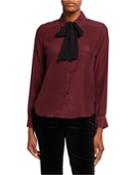 Long-sleeve Silk Button-front Blouse W/ Neck Tie