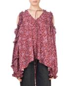 Rijeka Floral-print Open-shoulder Silk Blouse W/ Ruffled Trim