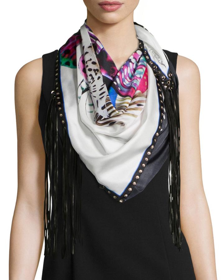 Roberto Cavalli Printed Scarf W/leather Fringe, Nero, Women's