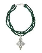 Triple-strand Collar Necklace W/ Cross Pendant, Green