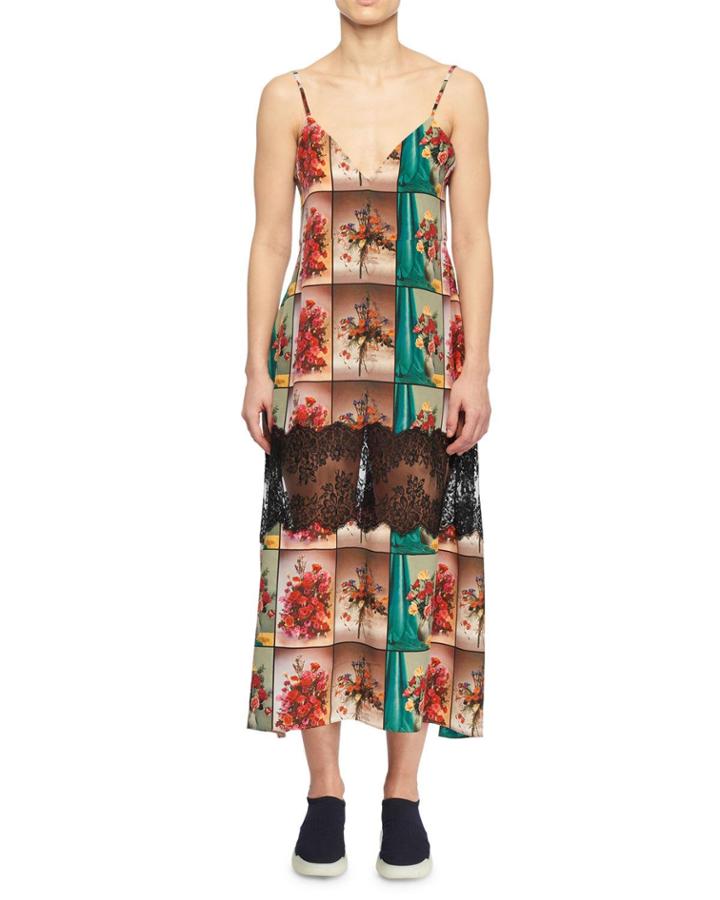 V-neck Sleeveless Floral-print Flowy Silk Cami Dress W/