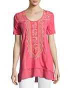 Floral-embroidered Flounce Tee, Coral